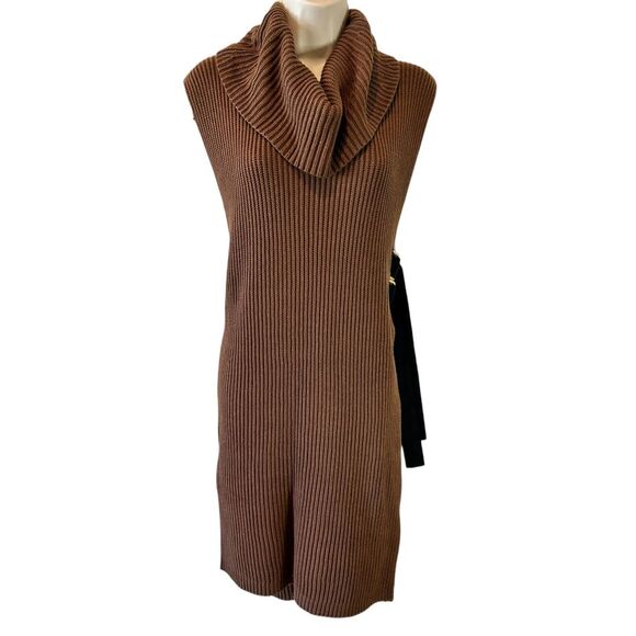 Per Se Sweaters - Per Se Brown Ribbed Cowl Neck Sleeveless Tunic Sweater with Side Buckles